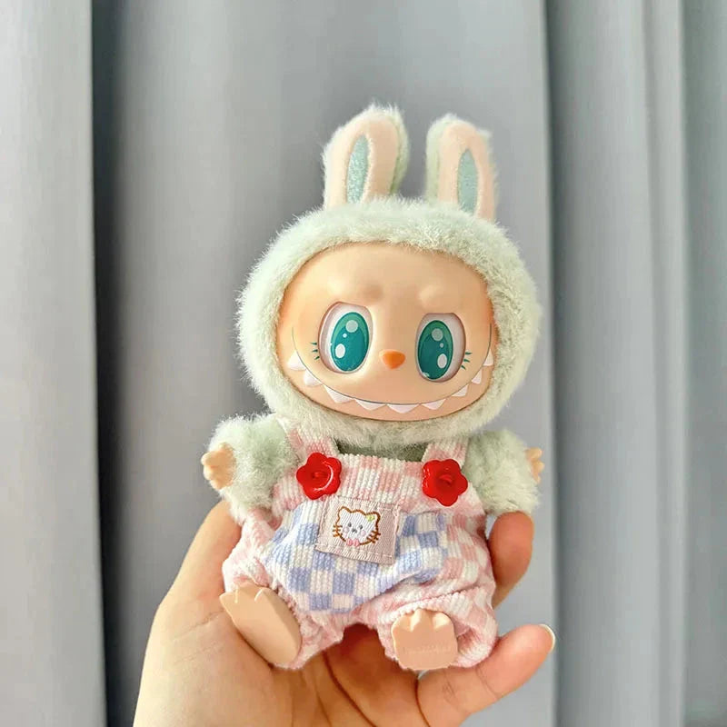 Handmade Labubu Summer Dungarees Checked Bear Outfit with Accessories