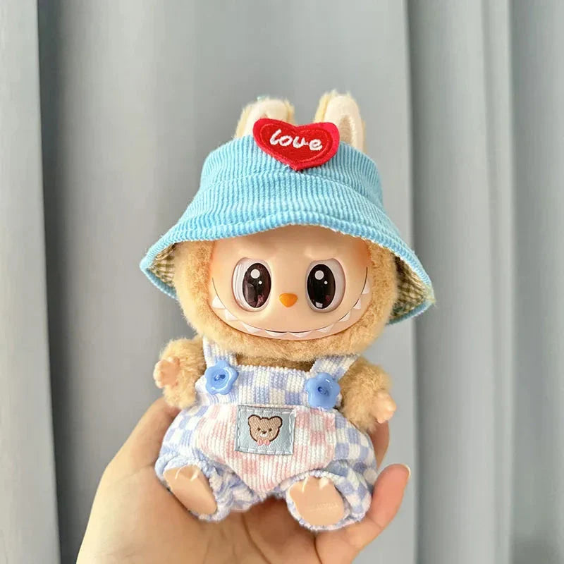 Handmade Labubu Summer Dungarees Checked Bear Outfit with Accessories