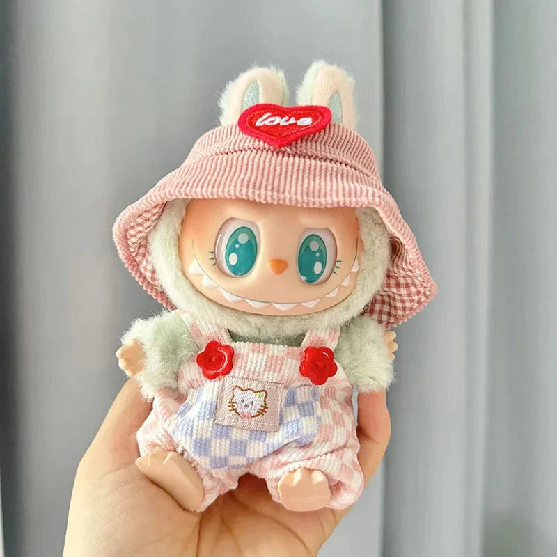 Handmade Labubu Summer Dungarees Checked Bear Outfit with Accessories
