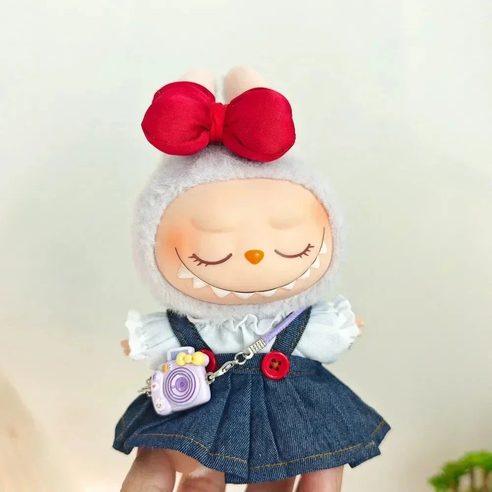 Handmade Red Bow Denim Dress Labubu Outfit