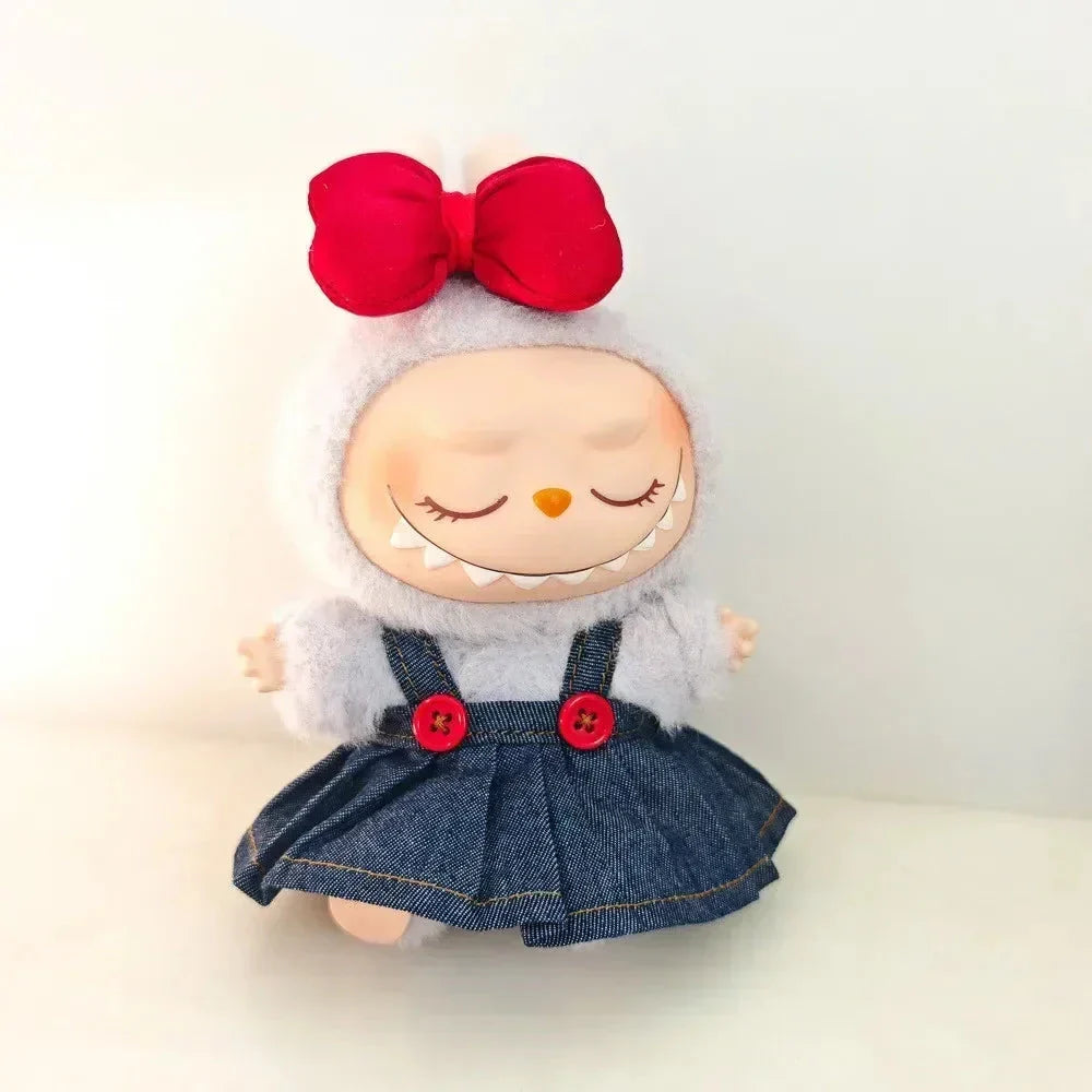 Handmade Red Bow Denim Dress Labubu Outfit