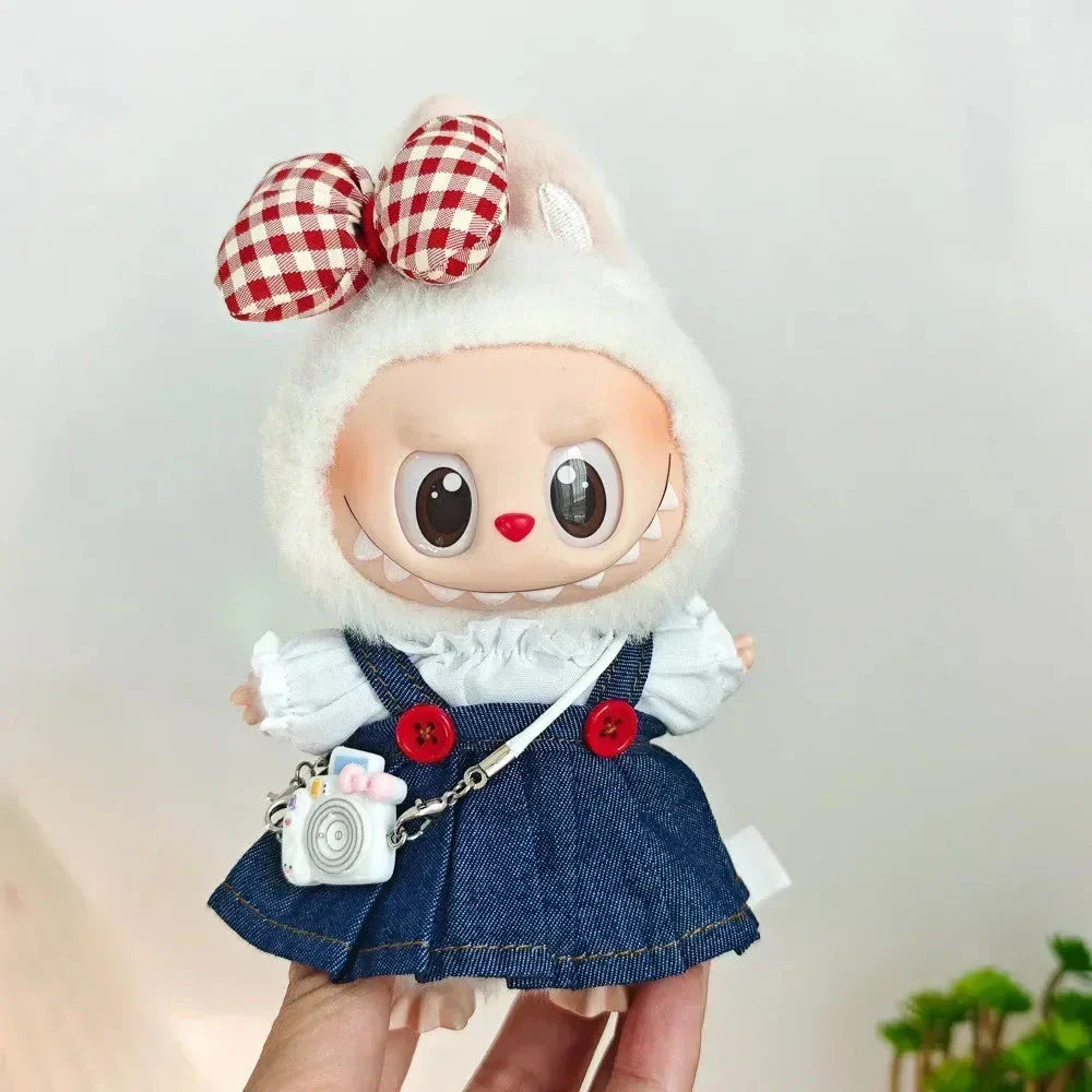 Handmade Red Bow Denim Dress Labubu Outfit