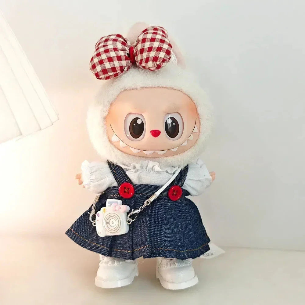 Handmade Red Bow Denim Dress Labubu Outfit