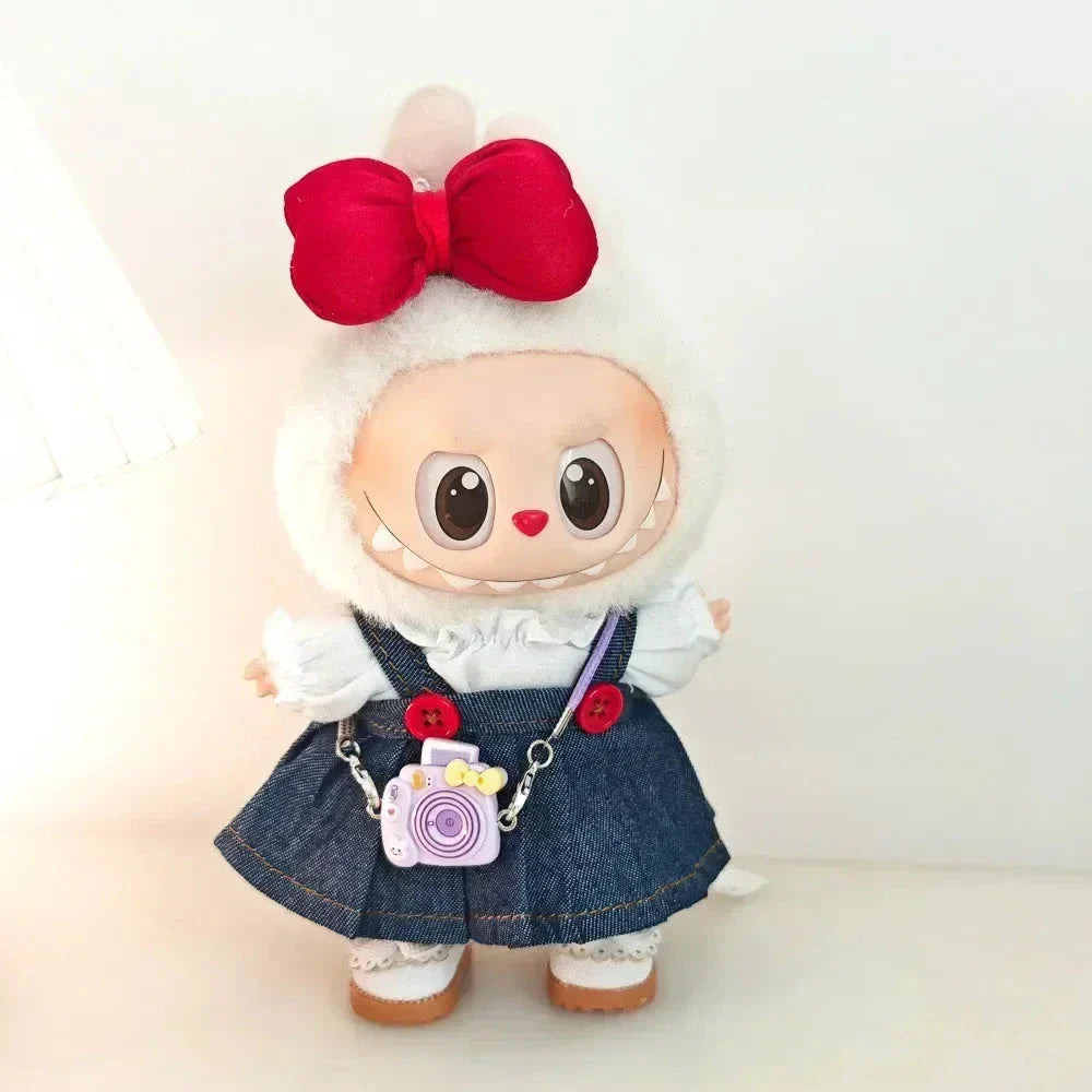 Handmade Red Bow Denim Dress Labubu Outfit